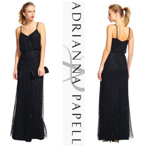 Adrianna Papell Blouson Black beaded long Dress - Picture 5 of 12